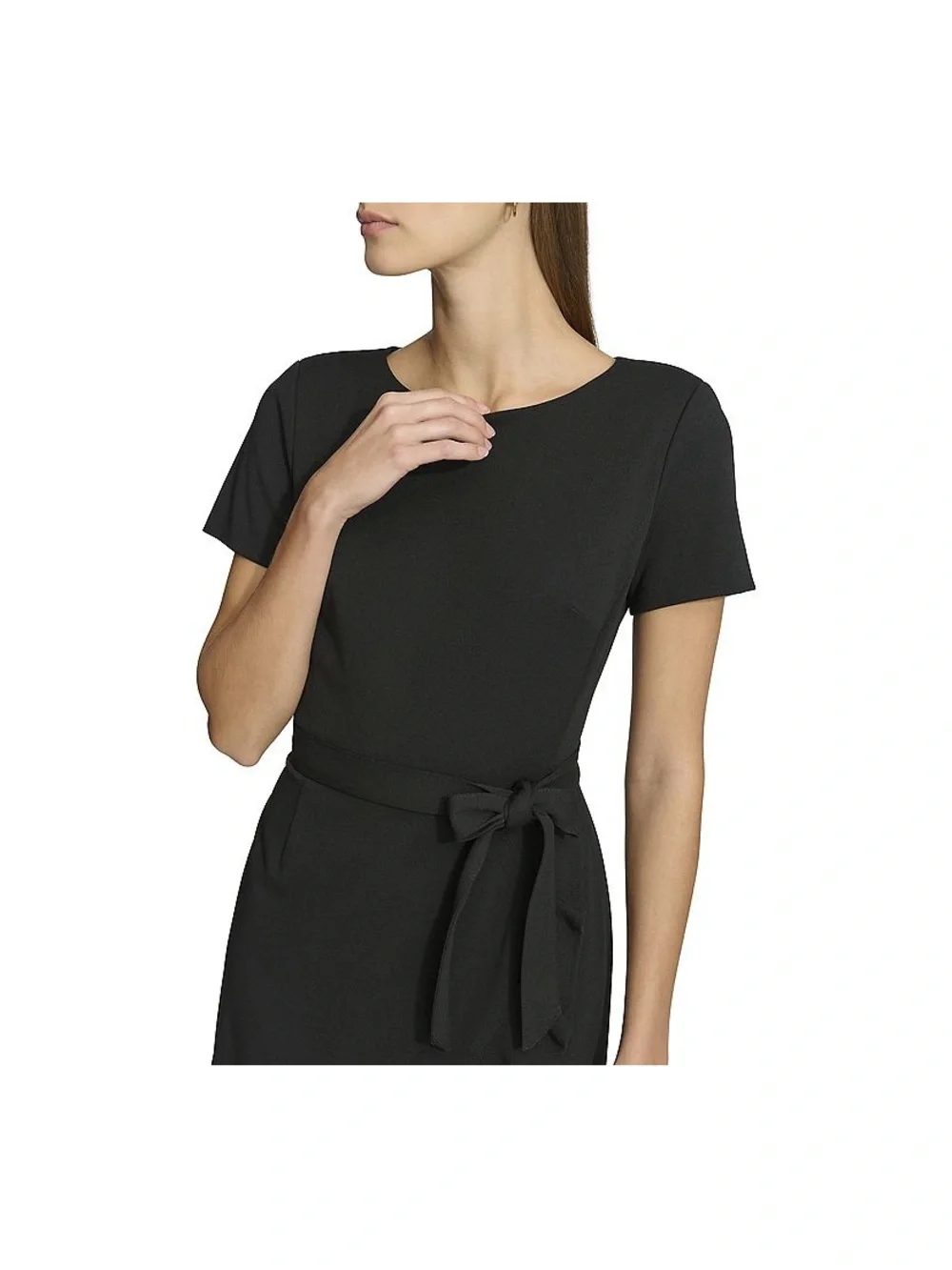Andrew Marc Black Short-Sleeve Ruffle Wrap Midi Dress with Waist Tie